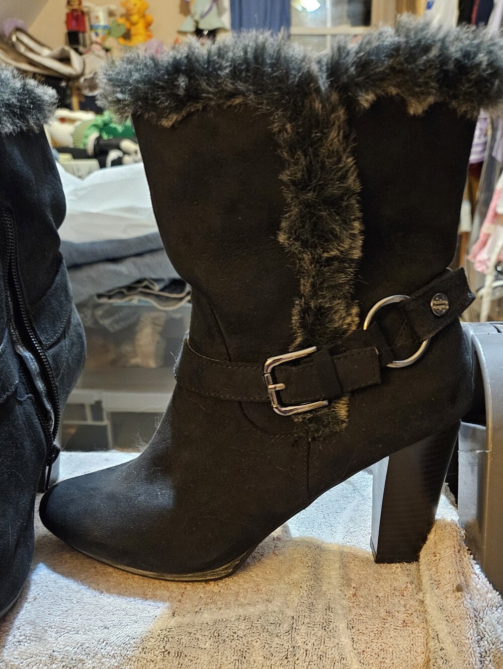 Dana Buchman Black Faux-Fur Trim Heeled Ankle Boots